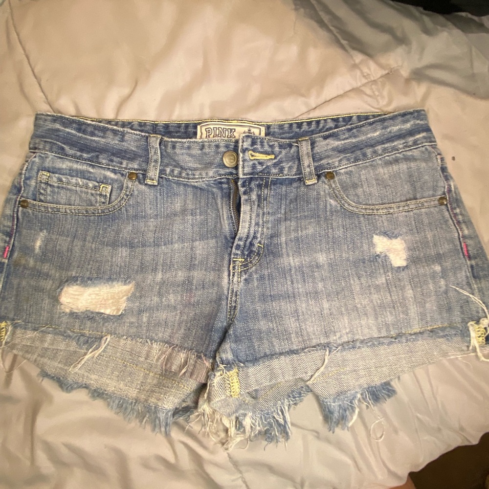 VS PINK Denim Blue Distressed Women Shorts